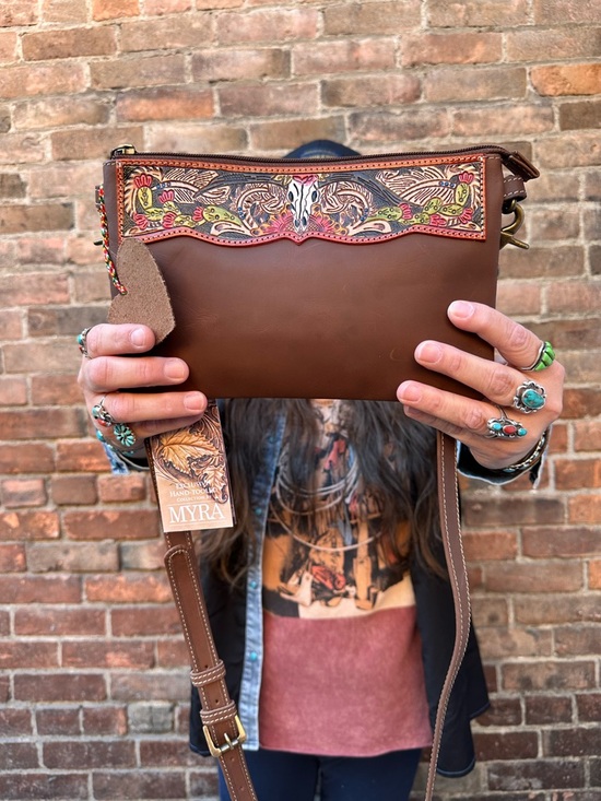 Myra Bag Handbags - Myra Bag Brown Leather Crossbody with Multicolor Tooled Accent